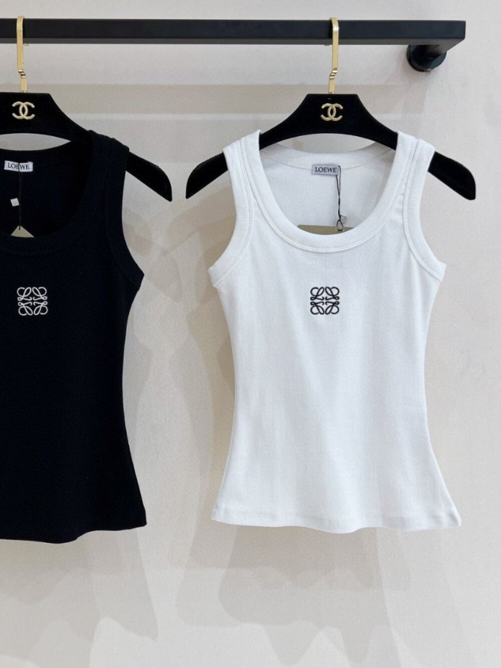 Authentic Loewe ribbed U-neck sleeveless vest with embroidered logo.